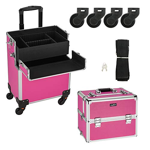 3 in 1 Rolling Makeup Train Case, Aluminum Cosmetic Case on Wheels V8512