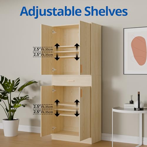 71" Tall 4 Doors Wood Freestanding Cupboard with Sliding Drawer and 2 Adjustable Shelves, Oak K5887