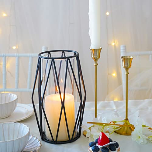2Pcs Gold Pillar Hurricane Candle Holders, Clear Glass Candleholders with Geometric Metal Rack Stand, 8.5" M277628