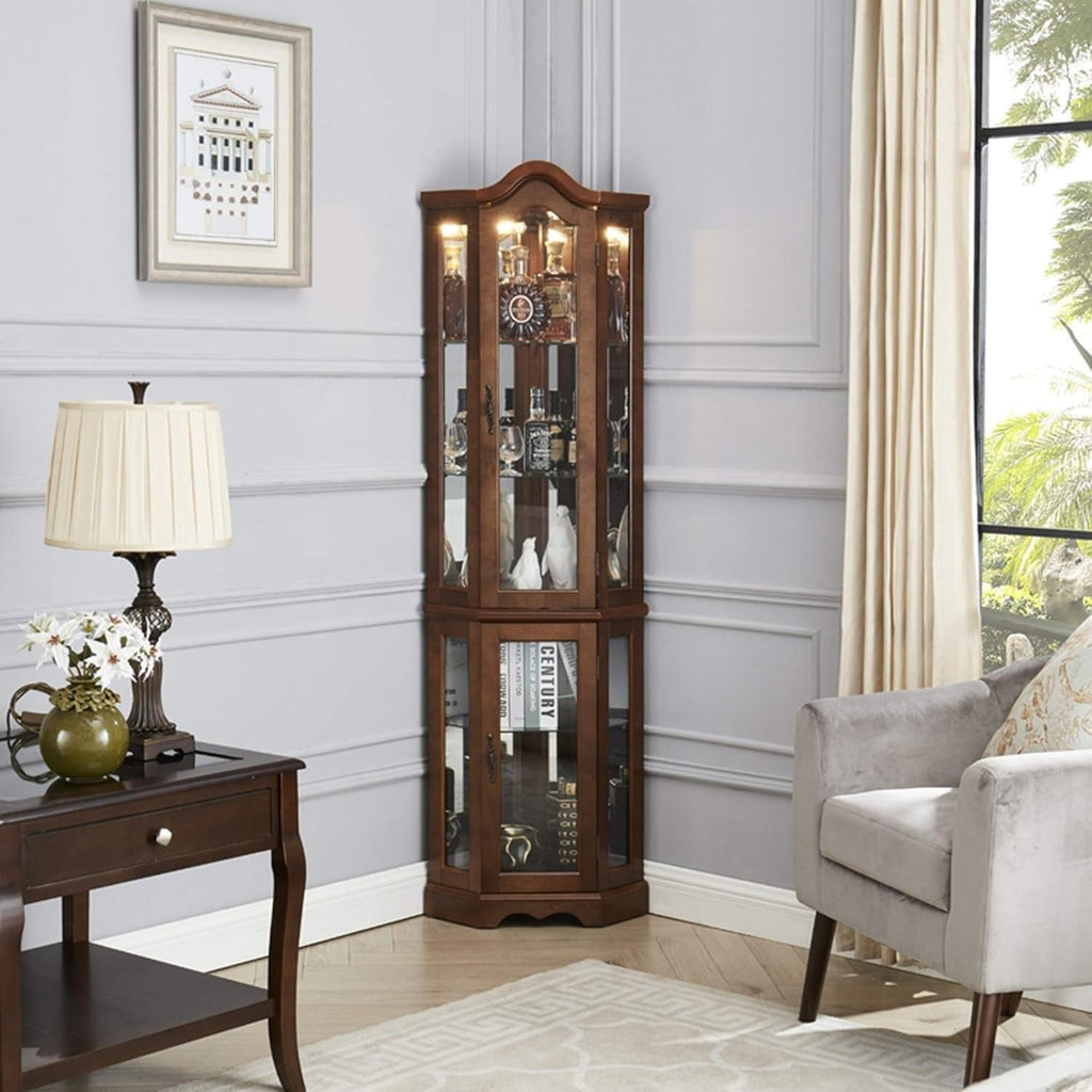 Walnut Corner Curio Cabinet with Glass Doors and Shelves B429047