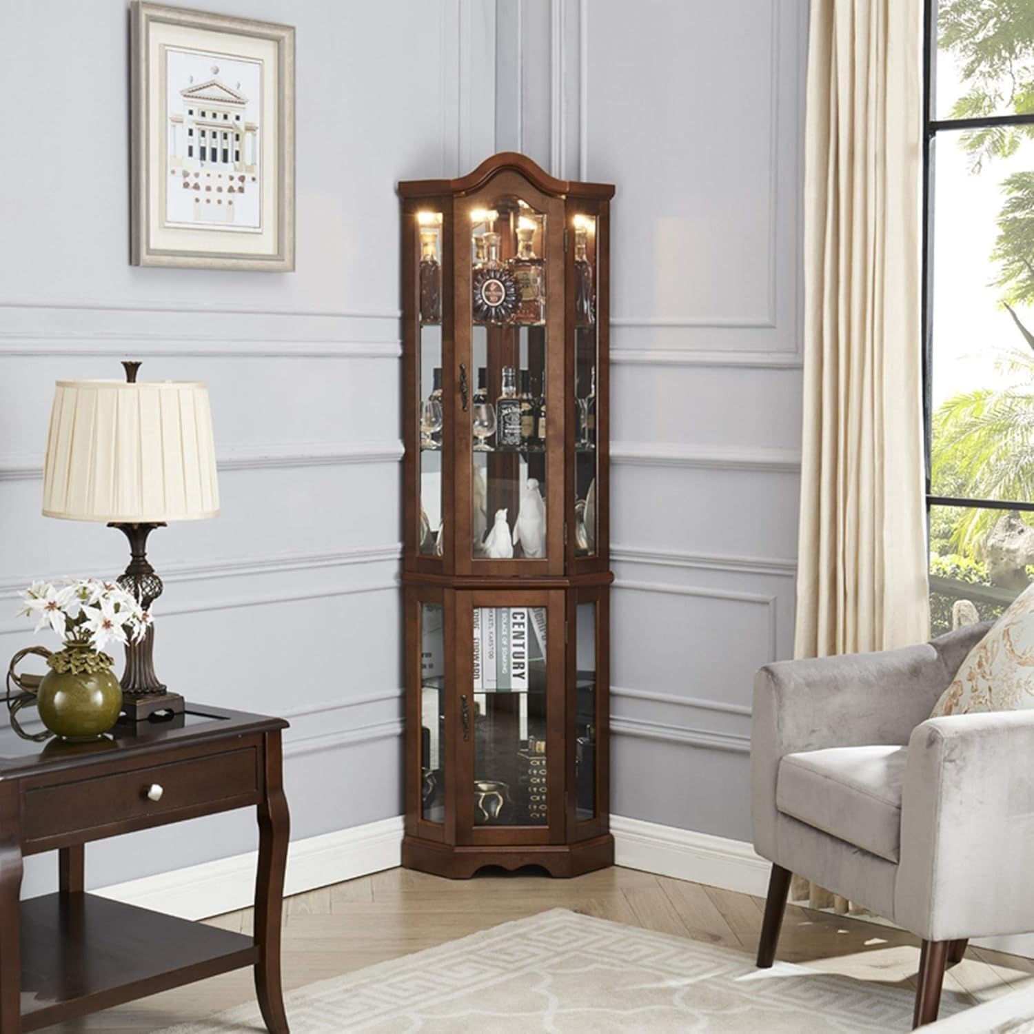 Walnut Corner Curio Cabinet with Glass Doors and Shelves B429047