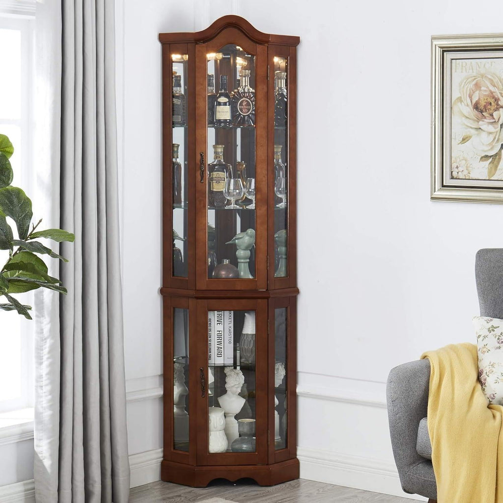 Walnut Corner Curio Cabinet with Glass Doors and Shelves B429047