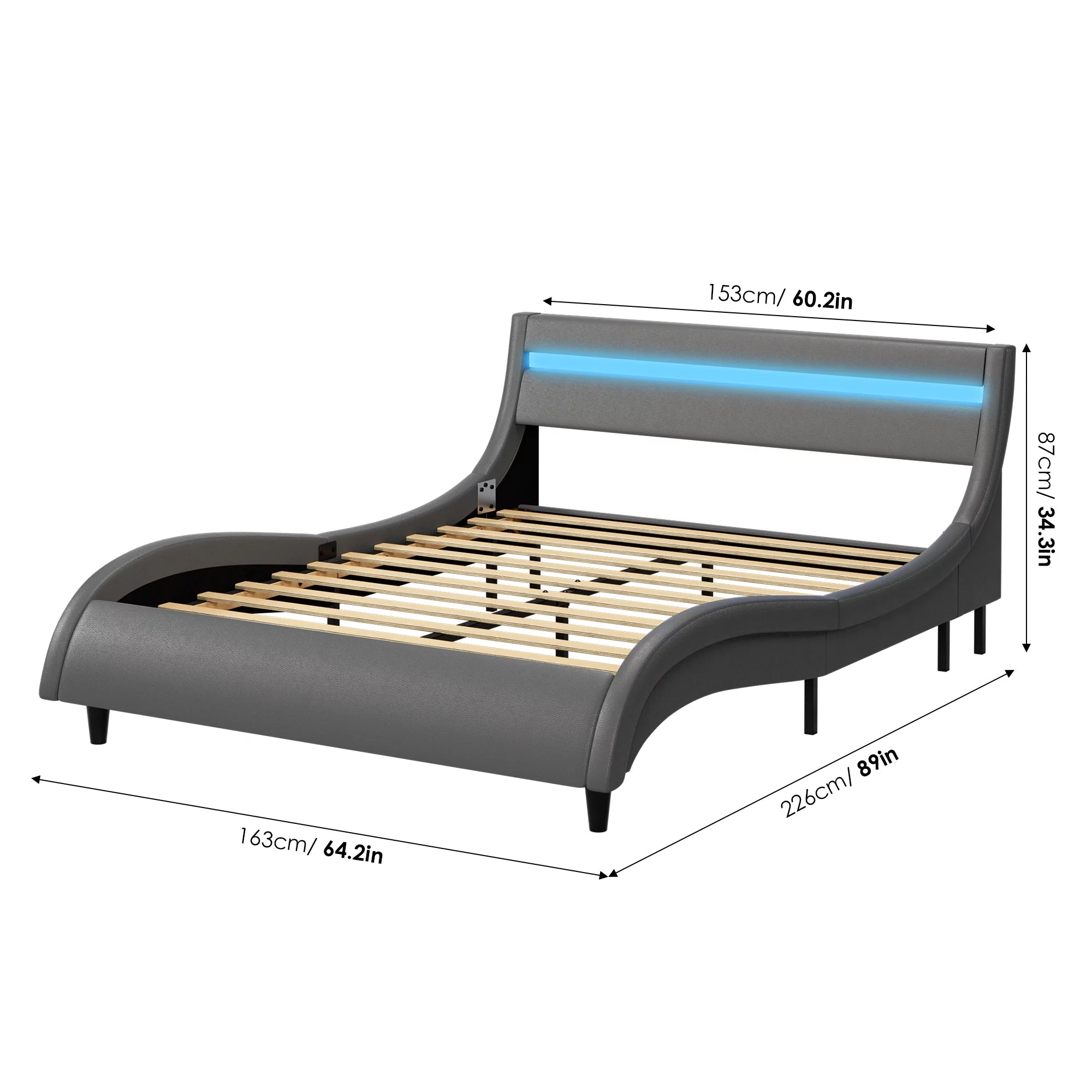 Gray Queen Size Led Bed Frame with Adjustable Upholstered Headboard H770