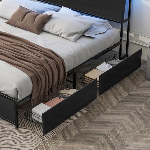 Queen Bed Frame with LED Lights, Metal Platform Bed Frame with 4 Storage Drawers, Tall Bookcase Headboard and Charging Station, Black D867