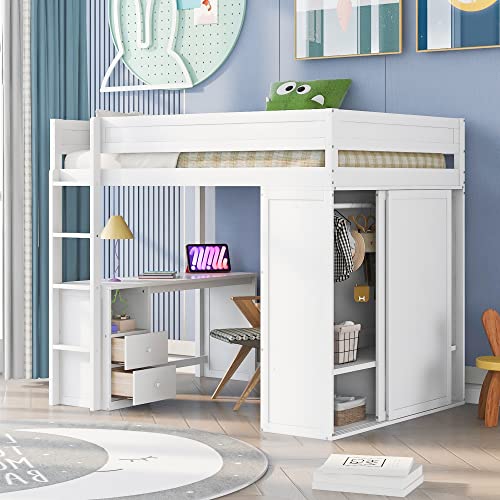 White Wooden Loft Bed with Storage Wardrobe and Desk C954