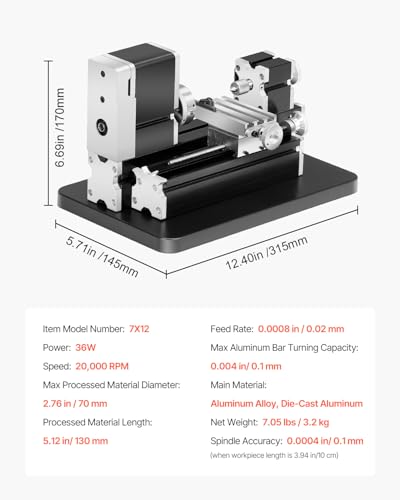 Mini Metal Lathe Machine, 2.76 x 5.12 in, 36W Power, 20,000 RPM Speed, with 3-jaw Chuck, Aluminum Alloy Handwheel H7023