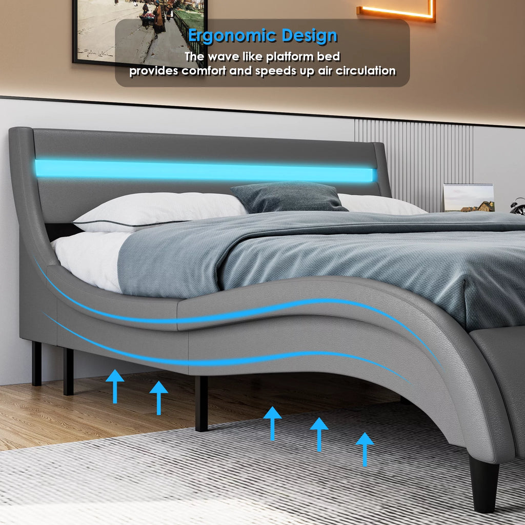 Gray Queen Size Led Bed Frame with Adjustable Upholstered Headboard H770