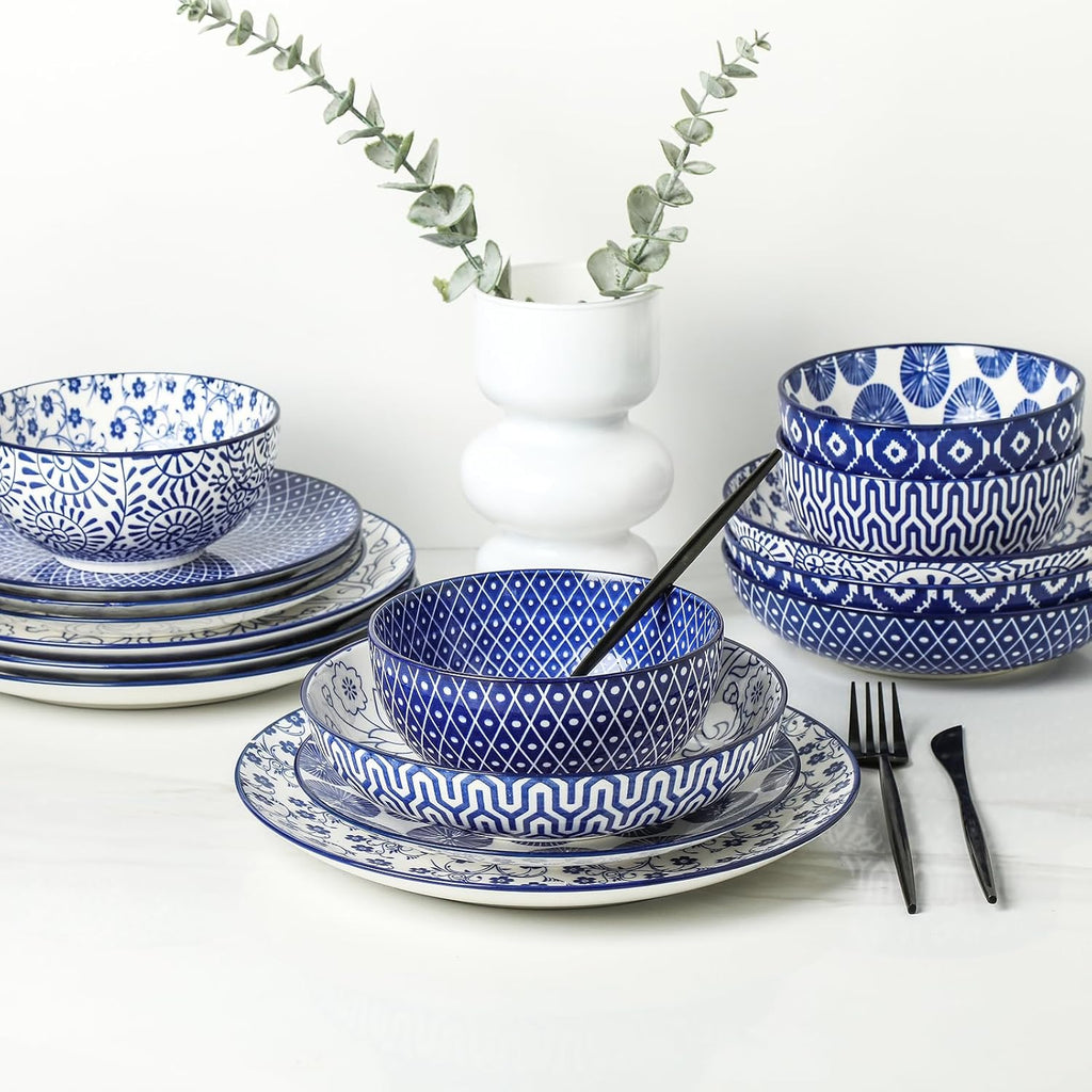 16 Pieces Ceramic Dinnerware Set with 8 Inch Rectangular Salad Plates, Blue I984