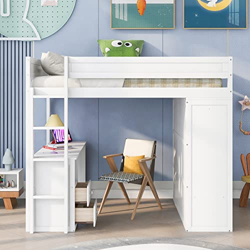 White Wooden Loft Bed with Storage Wardrobe and Desk C954