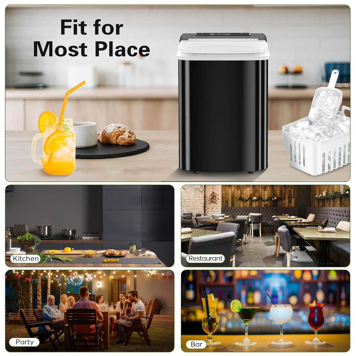 Black Portable Countertop Ice Maker Machine with Ice Scoop and Basket N839867