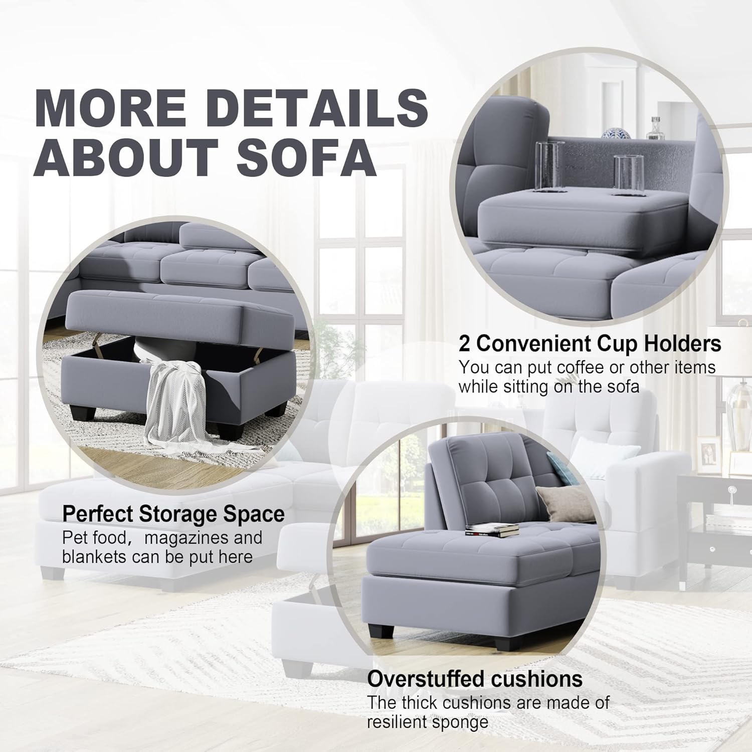 Linen Upholstered L Shaped Sofa Set with Ottoman Storage, Light Gray N2265