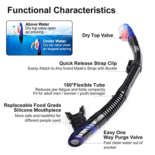 Snorkel Set, Diving Mask, Dry Top Snorkel, Dive Flippers Kit with Travel Bag B3802