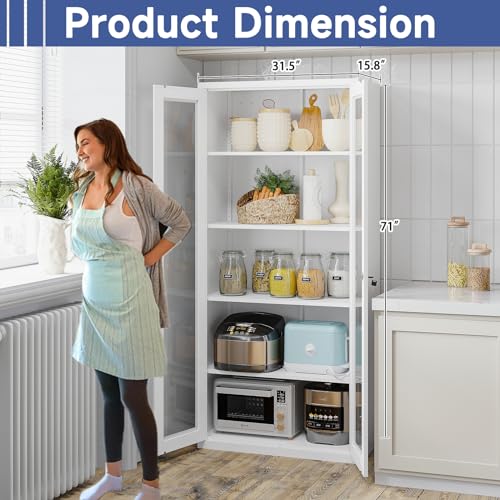 71" Locking Steel Cabinet with Tempered Glass Door, 2 Adjustable Shelves, 4 Doors, White A303