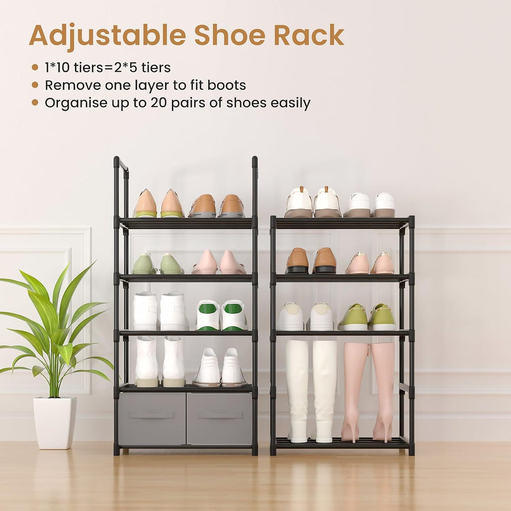 10 Tiers Metal Narrow Black Shoe Rack with 2 Boxes and 1 Hook M248643