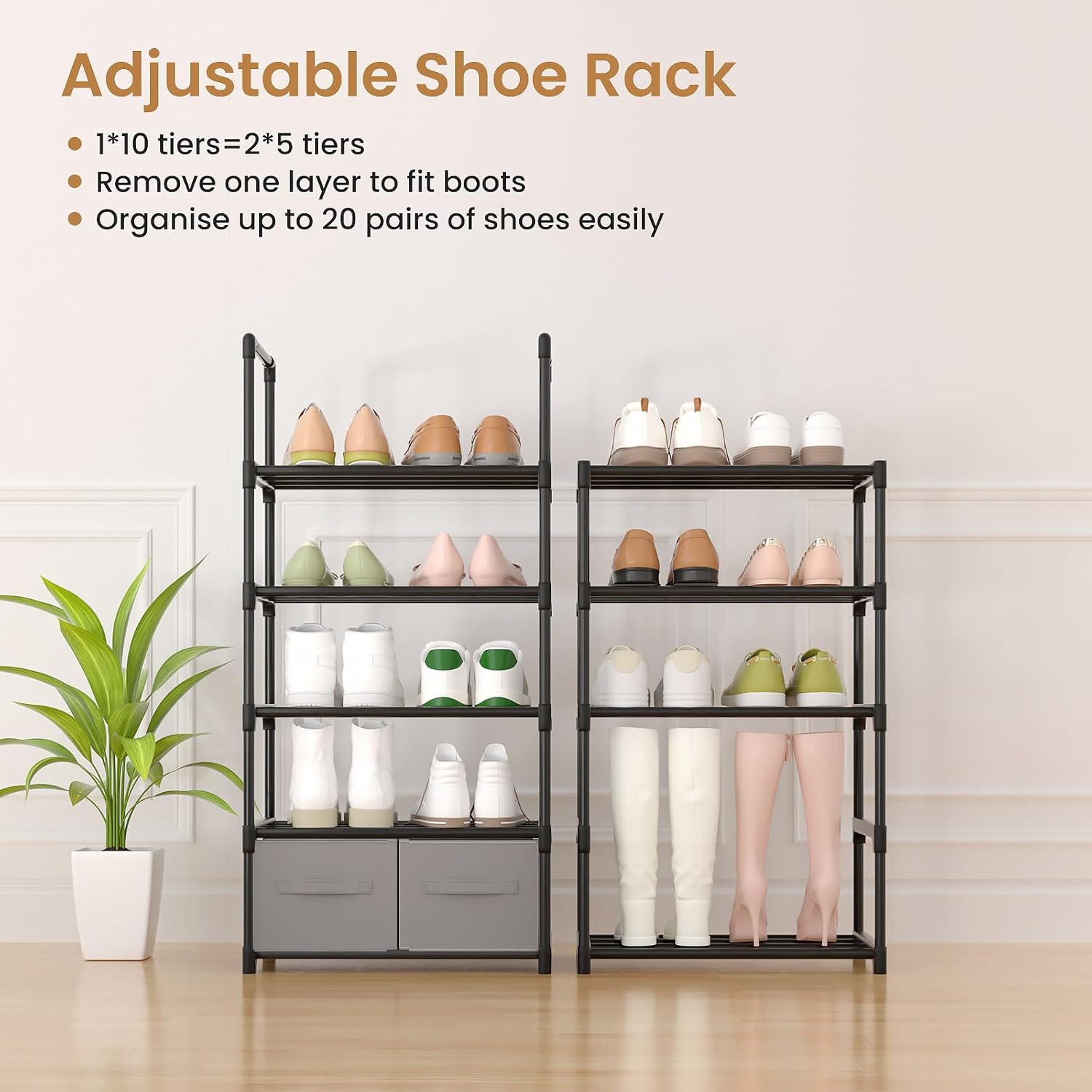 10 Tiers Metal Narrow Black Shoe Rack with 2 Boxes and 1 Hook M248643