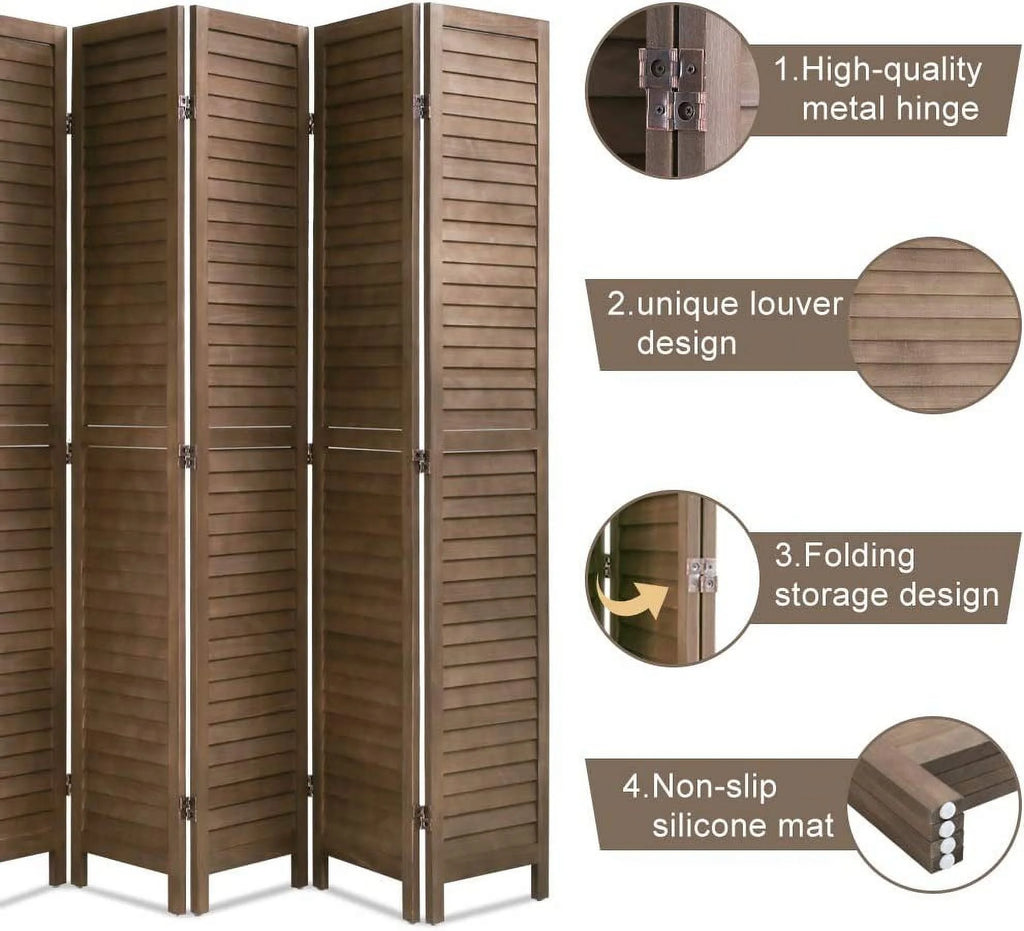 6 Panels 5.75 Ft Tall Wood Louvered Folding Privacy Room Divider R548982