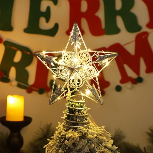 Star Tree Topper with 20 LED Lights, Metal Golden Lighted Treetop Ornaments, 6.5 x 6.5 Inches T48444