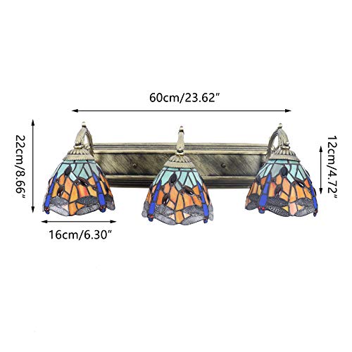 Tiffany Victorian Wall Sconce, 3-Light Vanity Light Fixtures Stained Glass Lampshade Dragonfly Over Mirror Lamp S678901