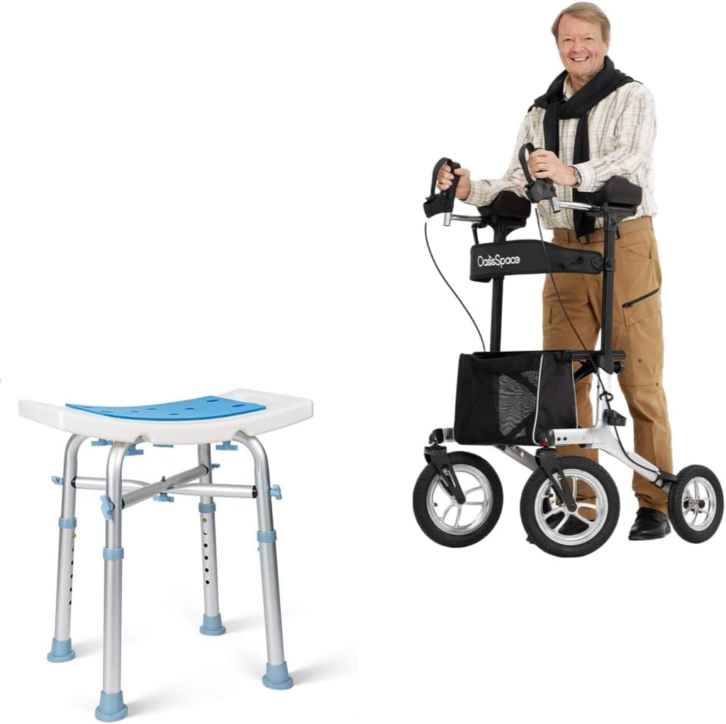 Upright Walker with 12” Pneumatic Wheel and Padded Bath Seat with 6 Height Adjustable Tube W735