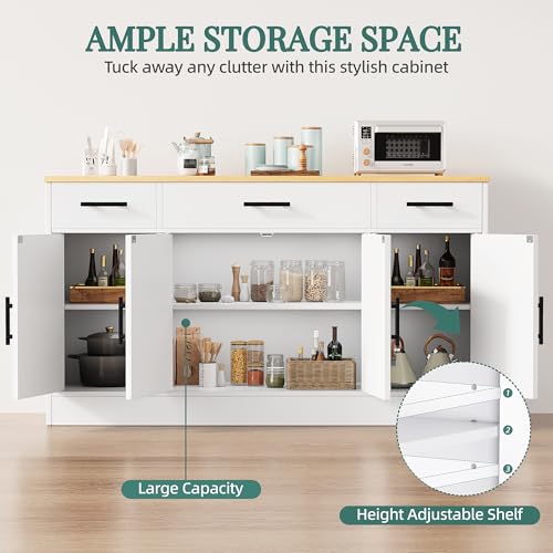 White 53.4" Wood Buffet Cabinet with 3 Drawers and 4 Doors N2279