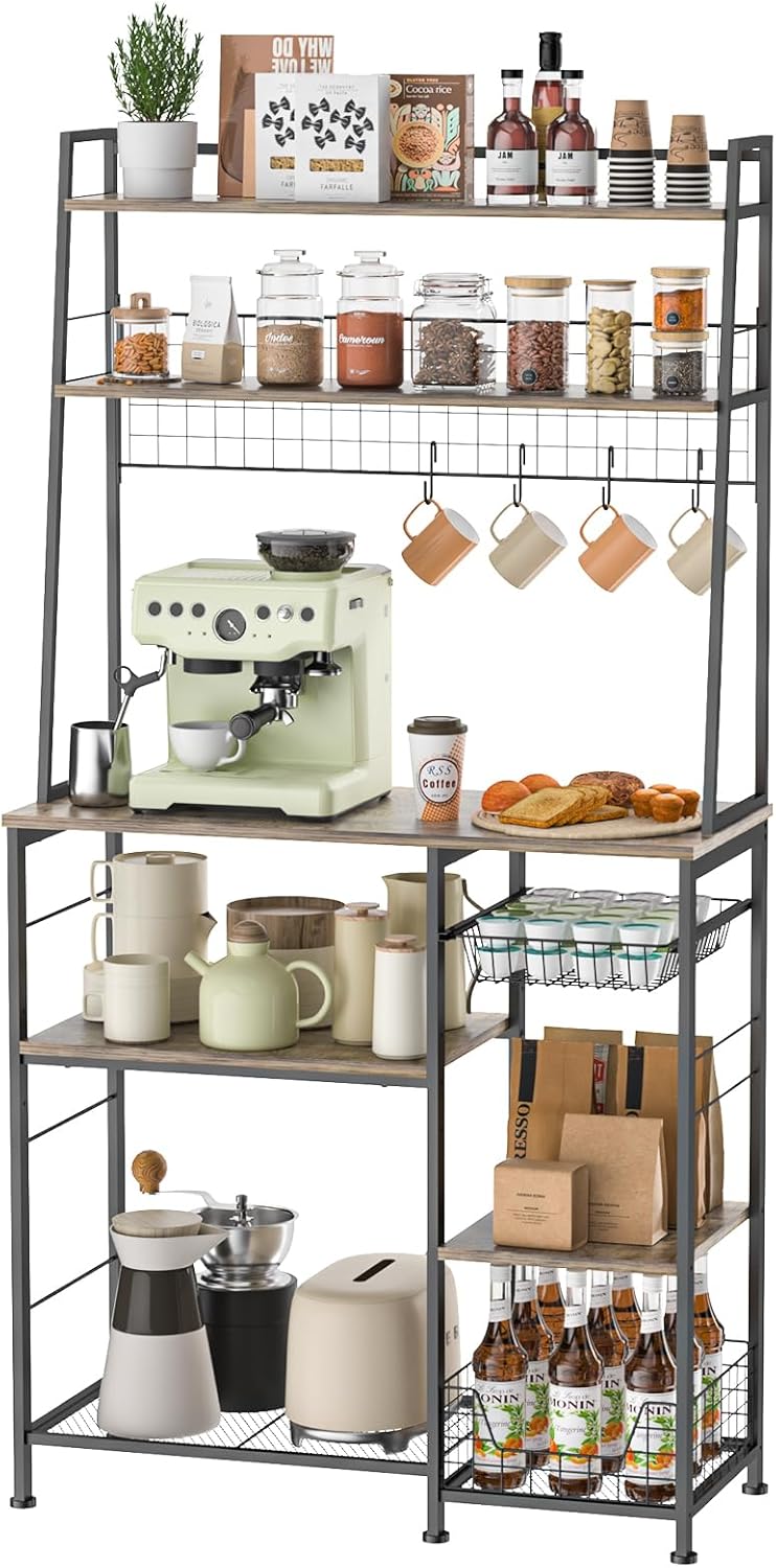 35.8" Large Farmhouse Coffee Station with 12 Hooks and Pull-Out Wire Basket, Coffee Bar Cart Table with Storage Shelves Rustic Brown G2373