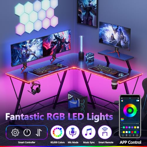Black 51 Inch L Shaped Gaming Desk with LED Lights C27319