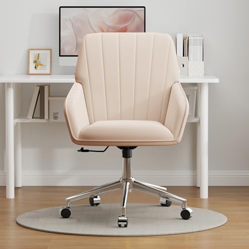Cream Velvet Height Adjustable Swivel Desk Chair with Wheels K907322