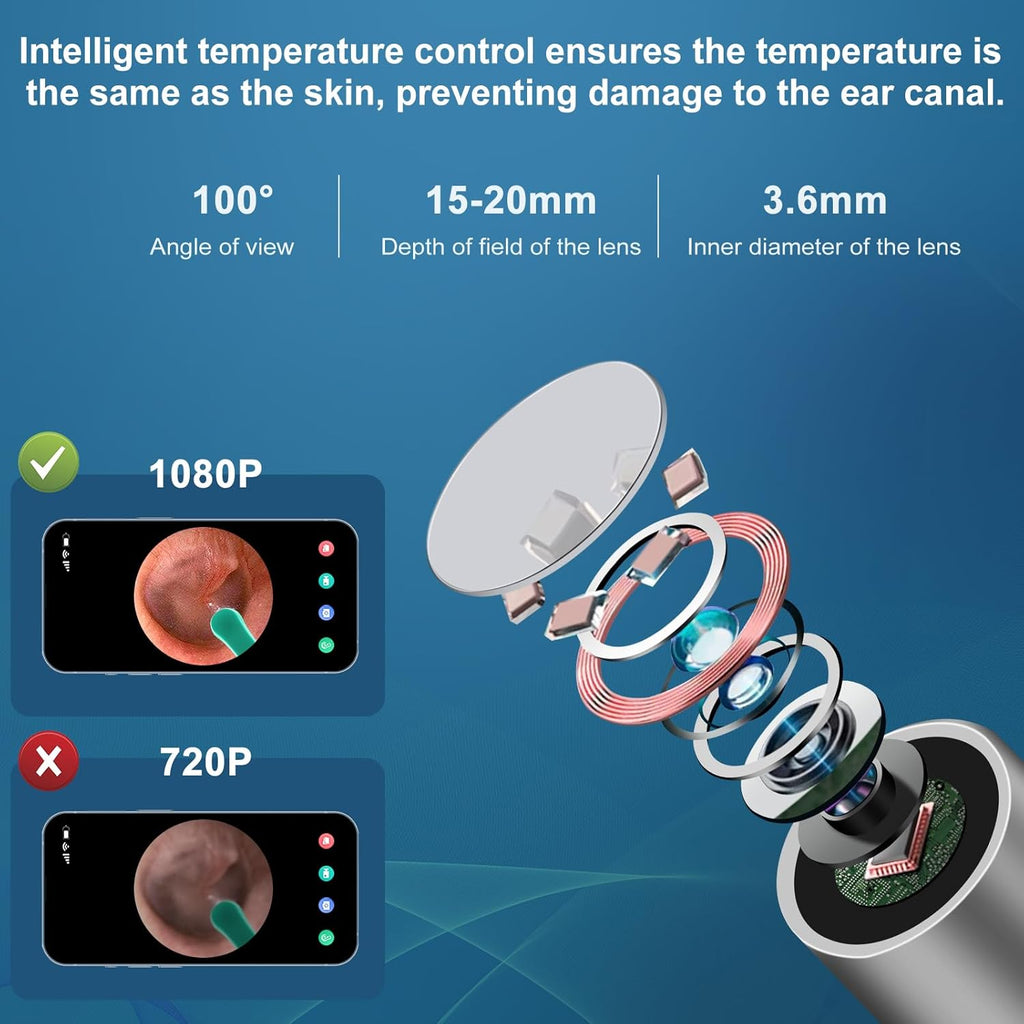 Ear Wax Removal Tool Camera with 8 Pcs Ear Set, 1080P HD Otoscope Camera and 6 LED Lights R866