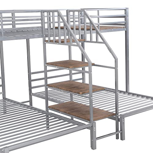 Full-Over-Twin-Twin Solid Wood Triple Bunk Bed with Wardrobe and Mirror (Grey) O3292
