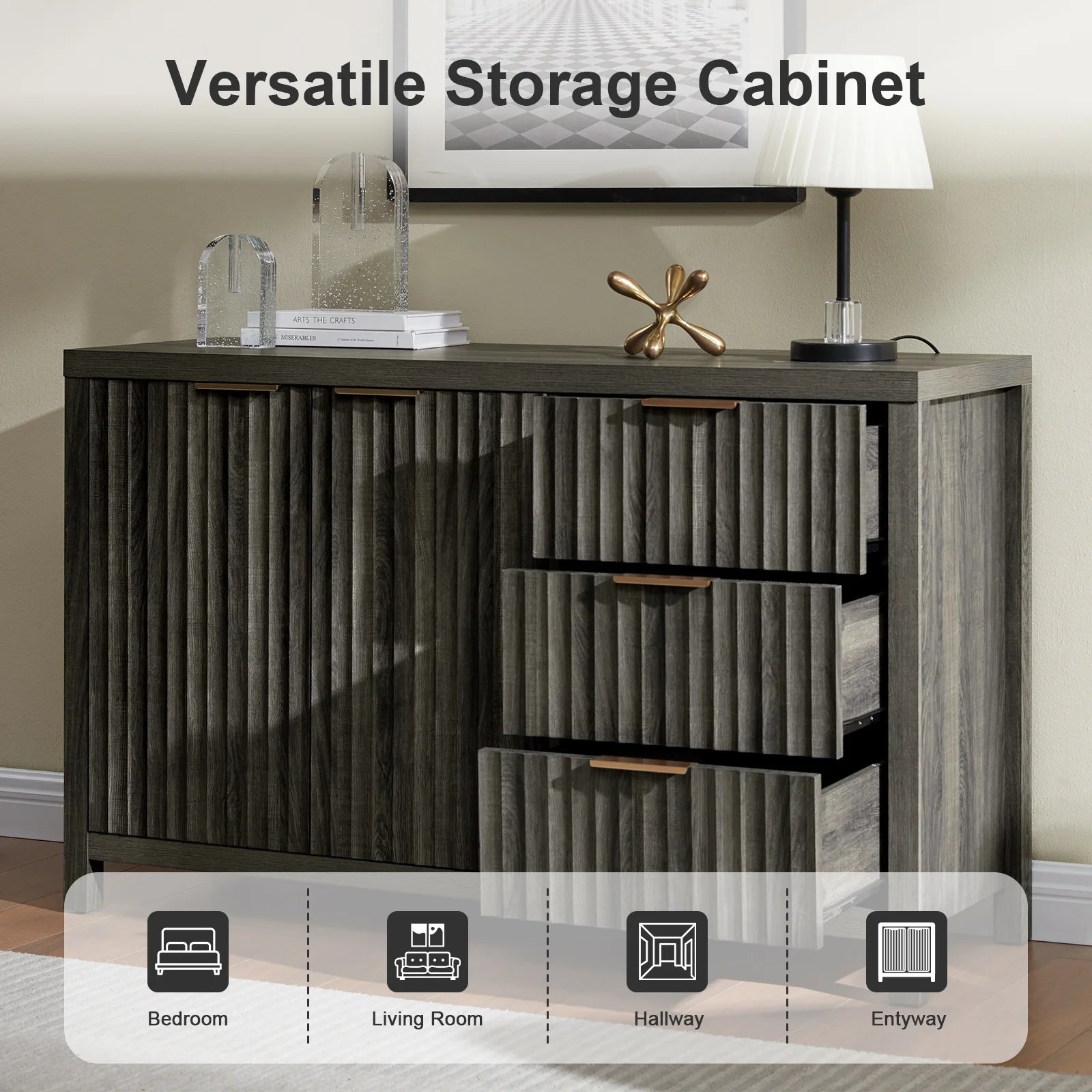 Black Oak Buffet Sideboard Storage Cabinet with Drawer and Doors E84898