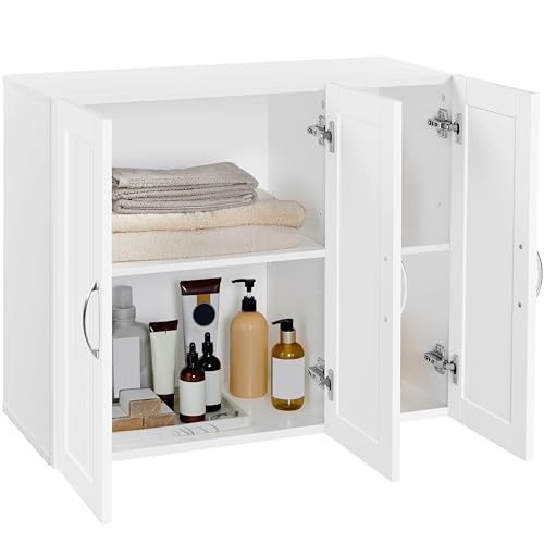White Bathroom Wall Cabinet with Three Doors and Adjustable Shelf G6944