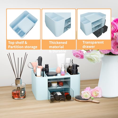 Blue Plastic Desk Organizer with 2 Drawer and 5 Compartments G543769