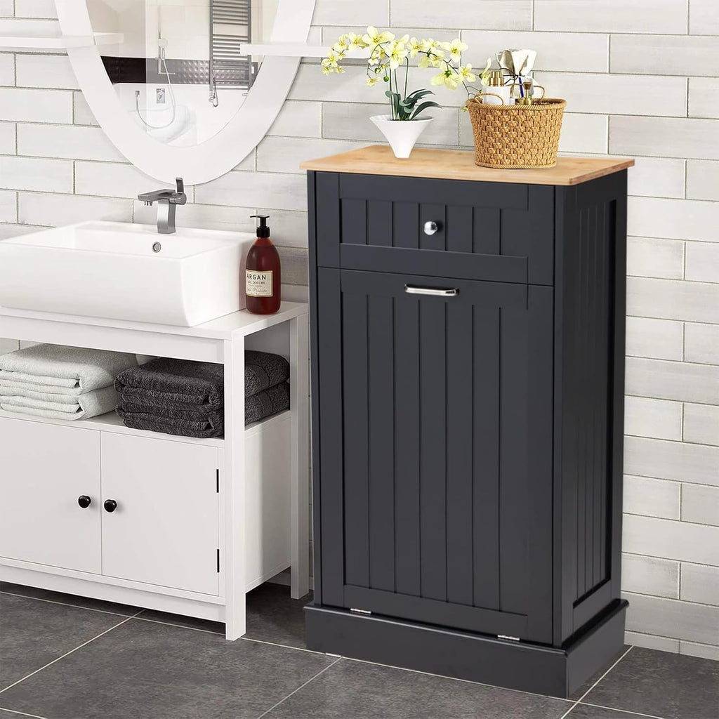 Black 10 Gallon Wood Trash Can Cabinet with Drawer & Cutting Board D4819