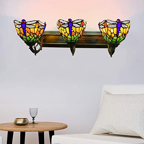 Tiffany Victorian Wall Sconce, 3-Light Vanity Light Fixtures Stained Glass Lampshade Dragonfly Over Mirror Lamp S678901