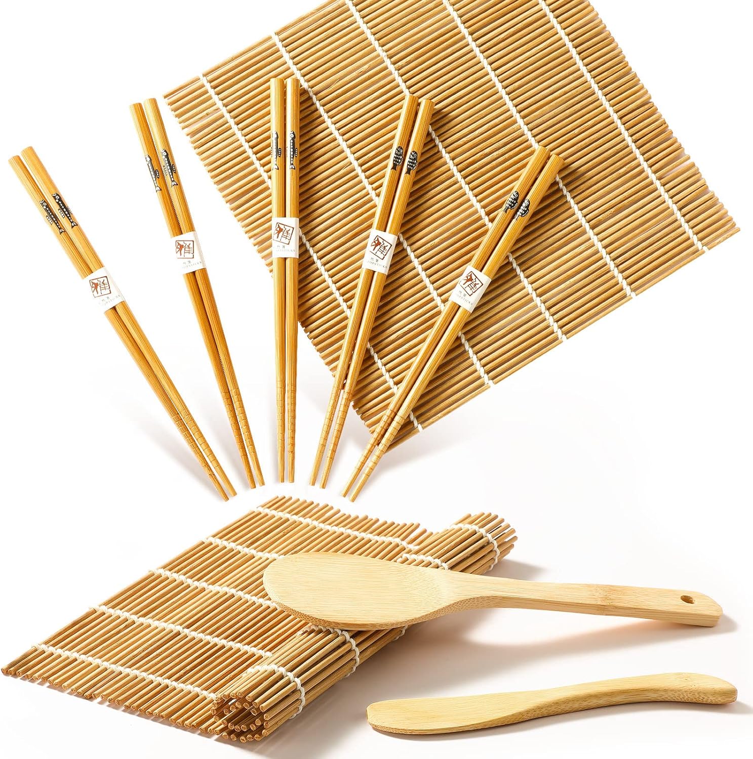 Bamboo Sushi Mat Sushi Making Kit with 2 Rolling Mats, 5 Pairs of Chopsticks, 1 Paddle, 1 Spreader N339