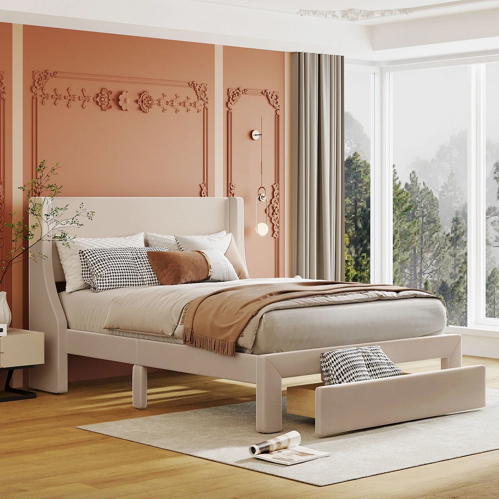 Beige Velvet Full Size Bed Frame with Storage Drawer H449846