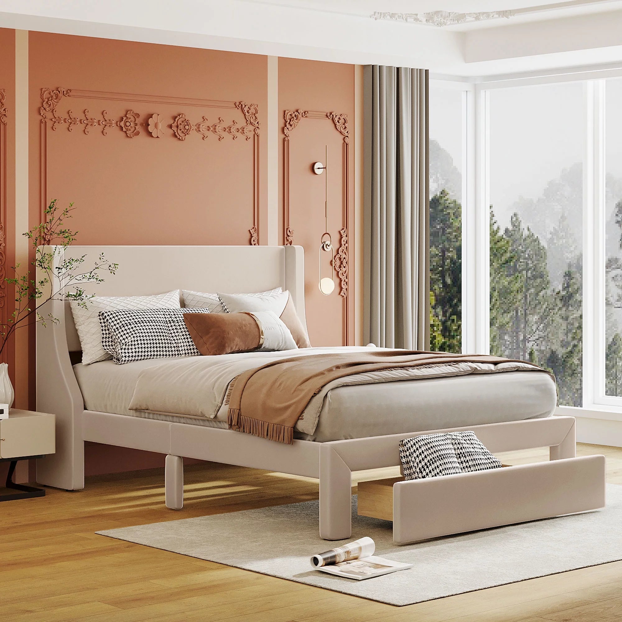 Beige Velvet Full Size Bed Frame with Storage Drawer H449846