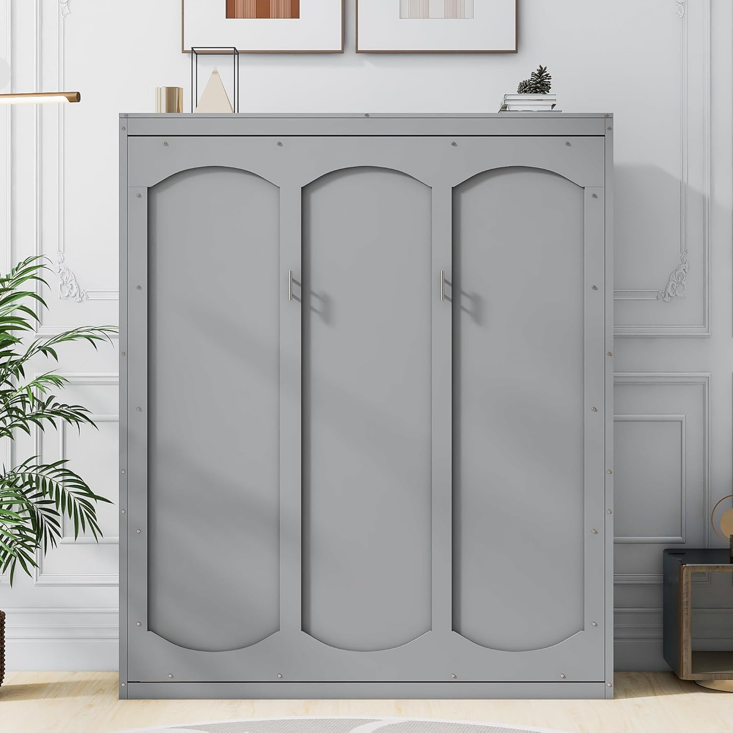Gray Queen Size Murphy Bed with Shelves E382811