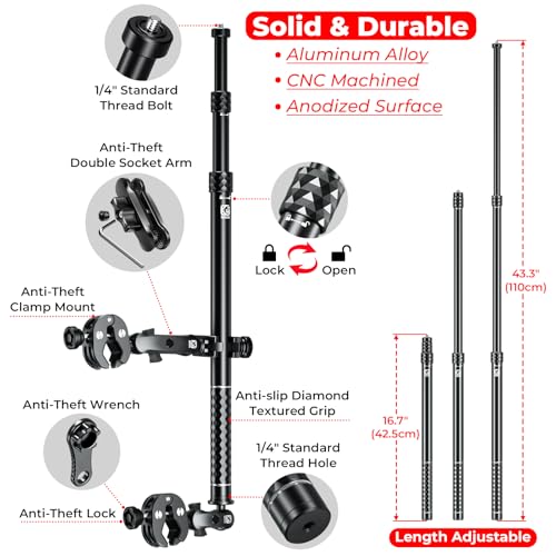 Aluminum Alloy Motorcycle Camera Mount Kit with 360° Rotating Heavy-Duty Bike Handlebar Anti-Theft Clamp Mount with Extendable Selfie Stick F851