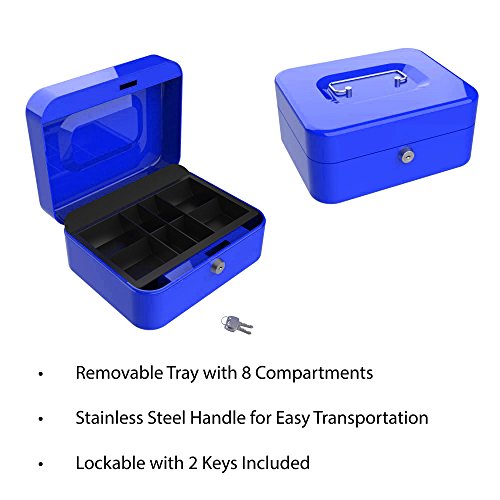 Blue 8-Inch Key Lock Cash Box with Coin Tray Z163578
