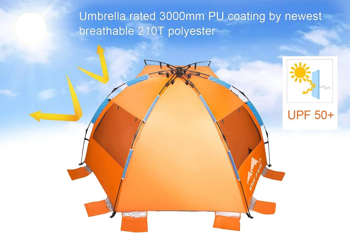 X-Large 4 Person Pop Up Beach Tent with Carry Bag, Orange E626