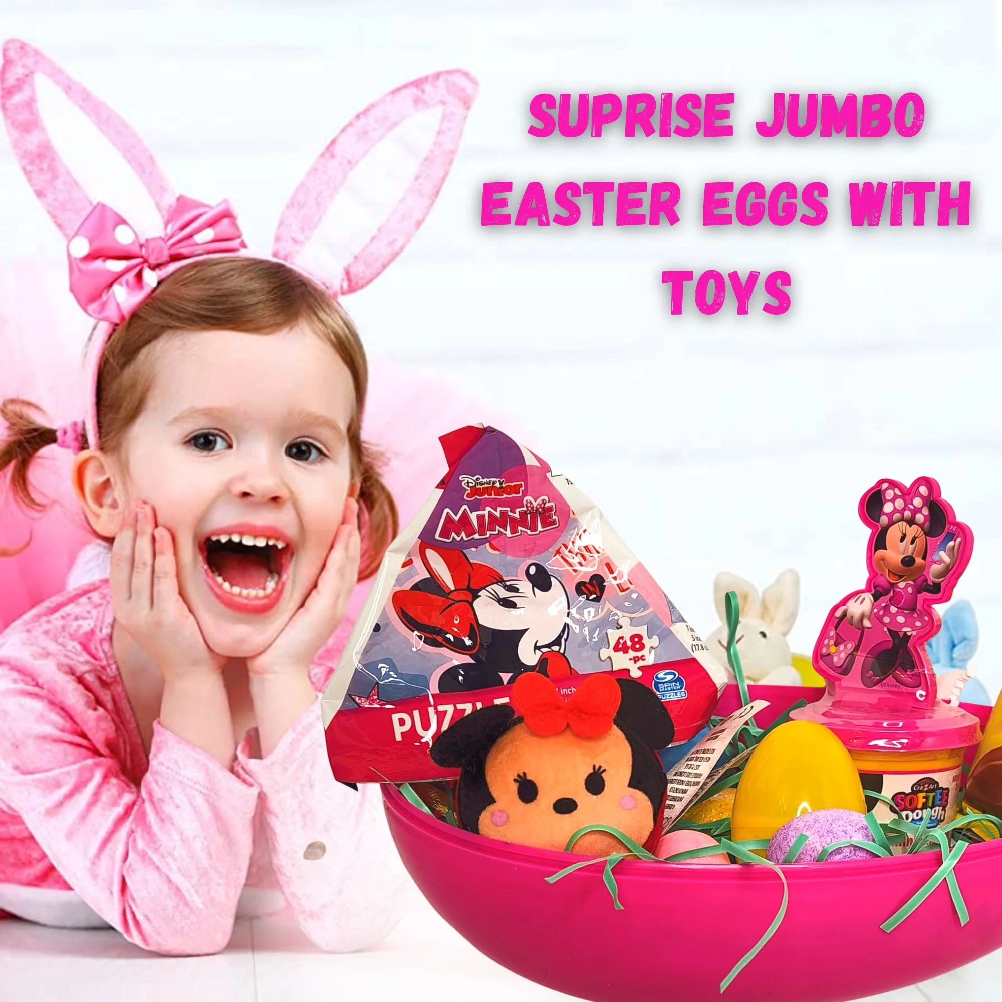 Jumbo Egg with Minnie Mouse Plush Toy Kiddy Dough Figure Eggs Candies Reusable Plastic Egg-Shaped Container R444470