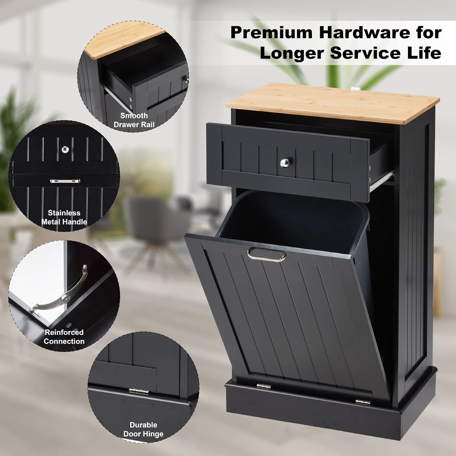 Black 10 Gallon Wood Trash Can Cabinet with Drawer & Cutting Board D4819