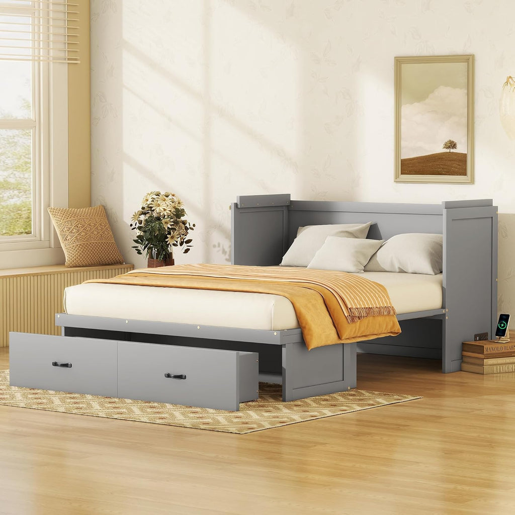 Gray Queen Size Murphy Bed with Storage Drawer U84131