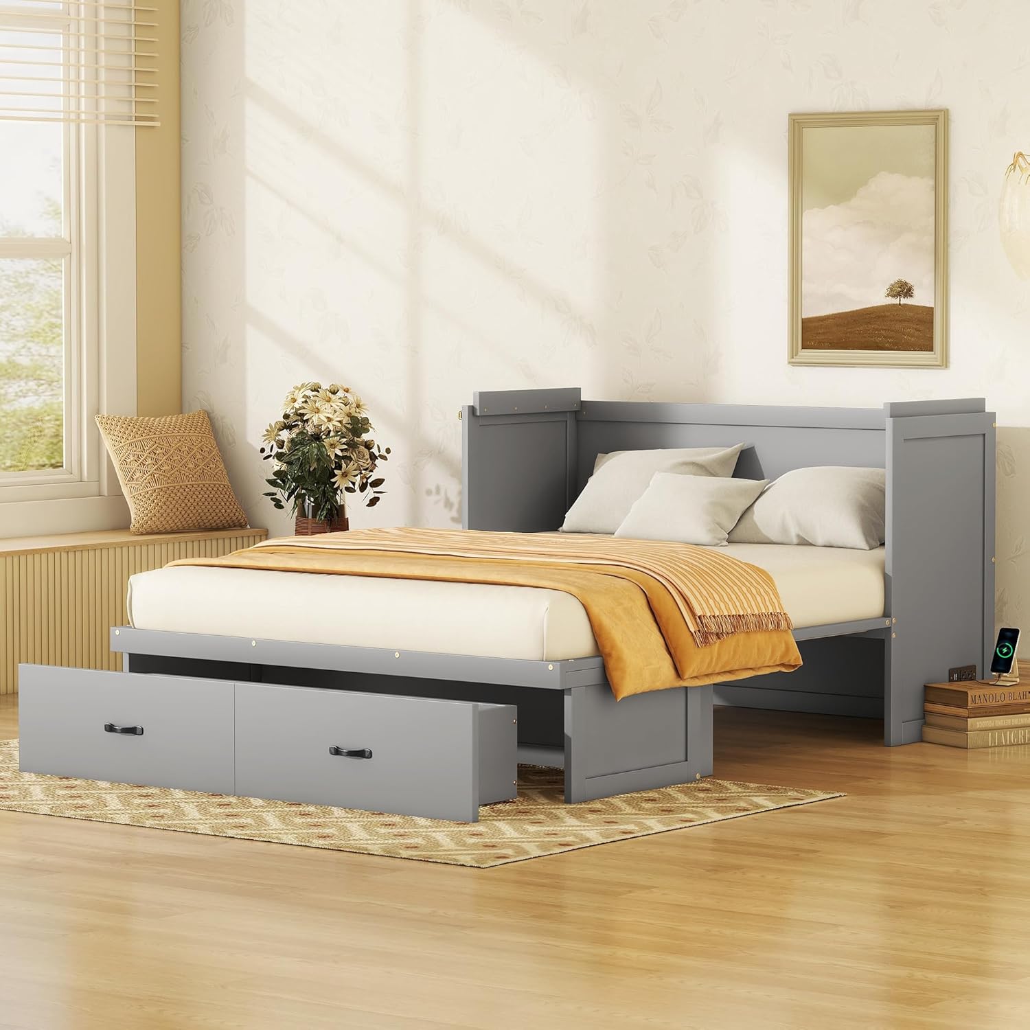 Gray Queen Size Murphy Bed with Storage Drawer U84131