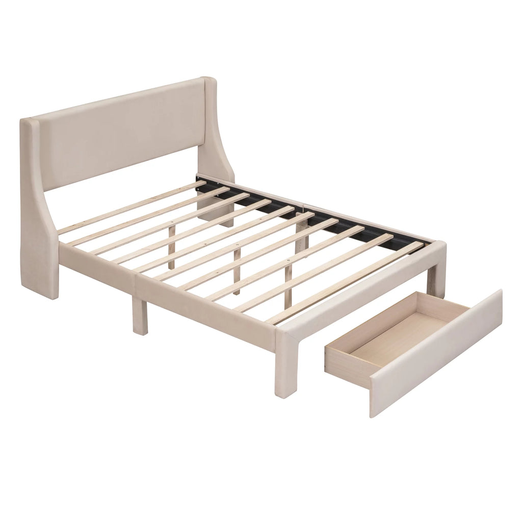 Beige Velvet Full Size Bed Frame with Storage Drawer H449846