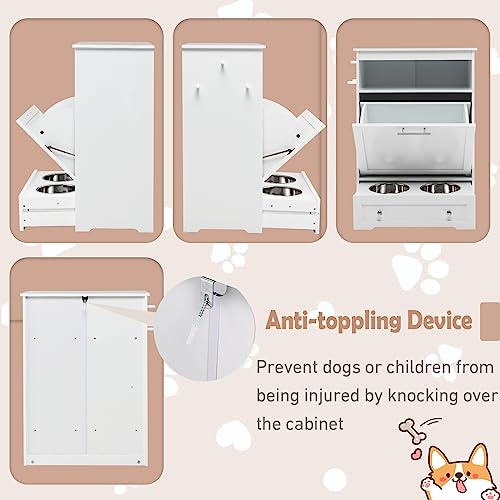 White Dog Food Storage Cabinet with 2 Raised Dog Bowls K24780