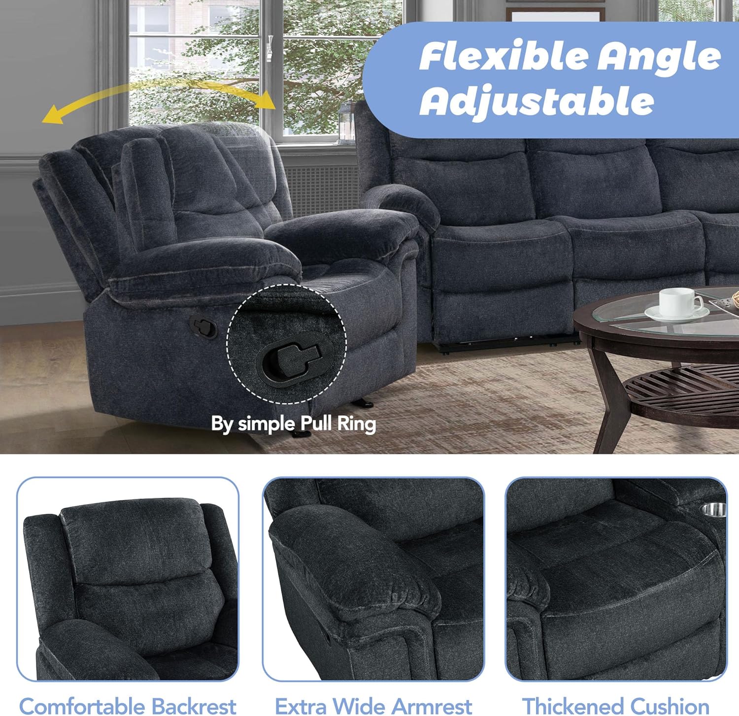 3-Piece Velvet Recliner Sofa Set with Cup Holders S4470