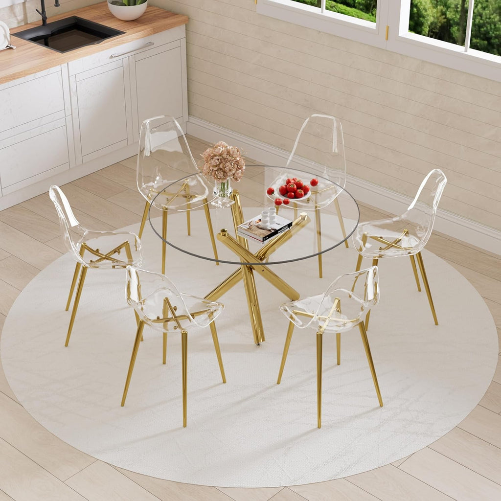 Gold Round Glass 7 PCS Dining Table Set with Clear Acrylic Chair U3620