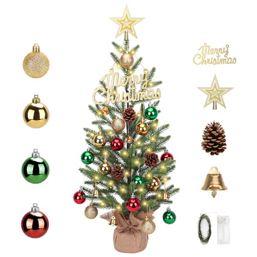 24-inch Mini Christmas Tree with 30 LED Lights & 26 Ornaments, PE Branch Tips & Cement Base E893929